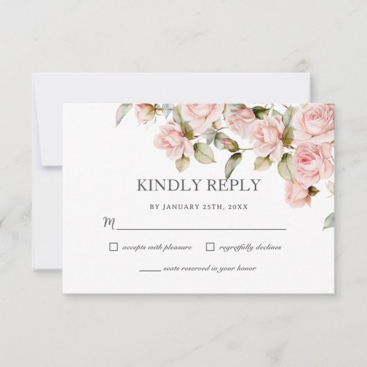 Boho Dusty Pale Pink Roses Blumengrün Hochzeit RSVP Karte (Vorderseite)