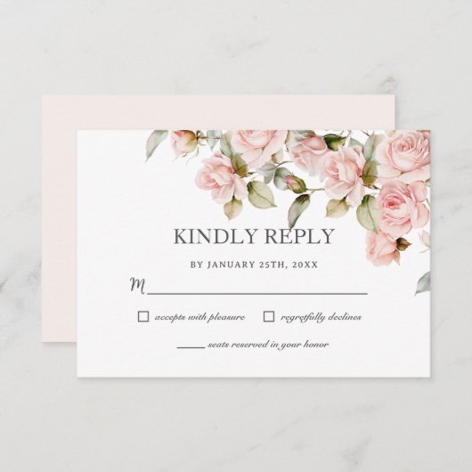 Boho Dusty Pale Pink Roses Blumengrün Hochzeit RSVP Karte (Vorne/Hinten)