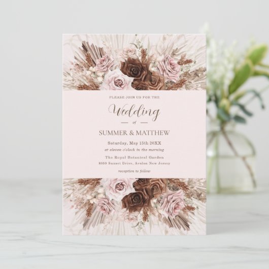 Boho Dusty Pink Brown Blume Pampas Grass Wedding Einladung (Stehend Vorderseite)
