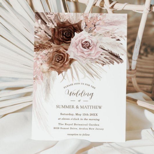 Boho Dusty Pink Brown Pampas Grass Wedding Einladung