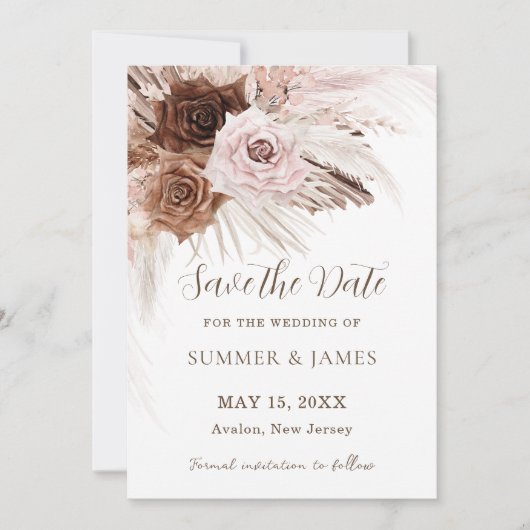 Boho Dusty Pink Brown Pampas Grass Wedding Save The Date (Vorderseite)