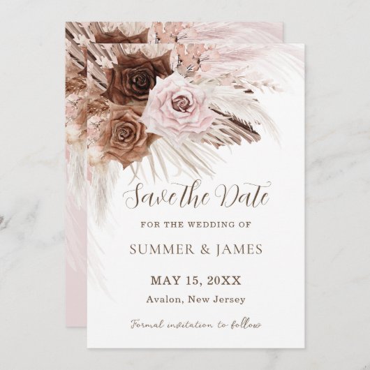 Boho Dusty Pink Brown Pampas Grass Wedding Save The Date (Vorne/Hinten)