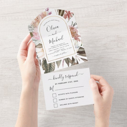 Boho Dusty Pink Burgundy HochzeitsHerbst All In One Einladung (Abreißen)