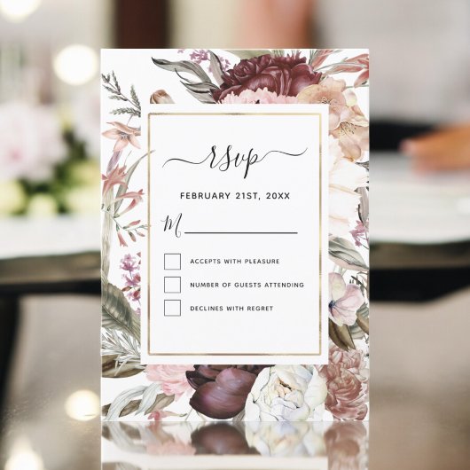 Boho Dusty Pink Burgundy Wedding RSVP Einladung