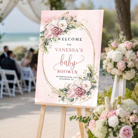 Boho Dusty Pink Floral Baby Shower Welcome Sign Poster