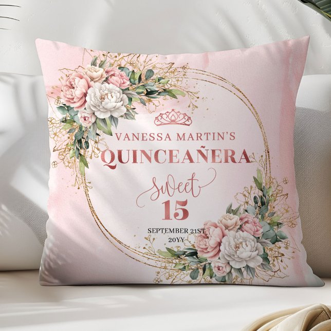 Boho Dusty Pink Floral Greenery Sweet 15 Birthday Kissen (Dusty Pink Floral Greenery Sweet 15 Birthday Pillow)