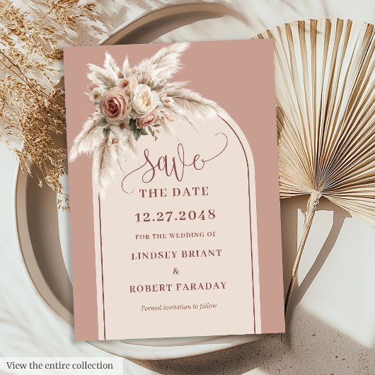 Boho Dusty Pink Floral Pampas Grass Save the Date Einladung