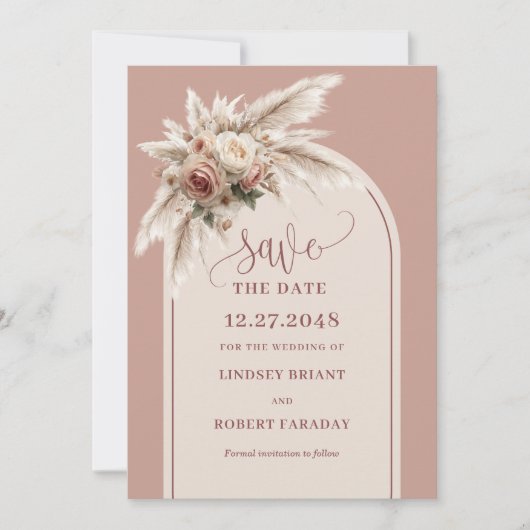 Boho Dusty Pink Floral Pampas Grass Save the Date Einladung (Vorderseite)