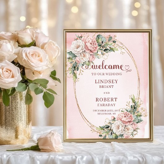 Boho Dusty Pink Flowers Gold Glitter Welcome Sign Poster