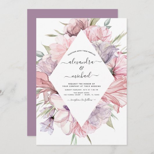 Boho Dusty Pink Lila Hochzeit Einladung (Vorne/Hinten)