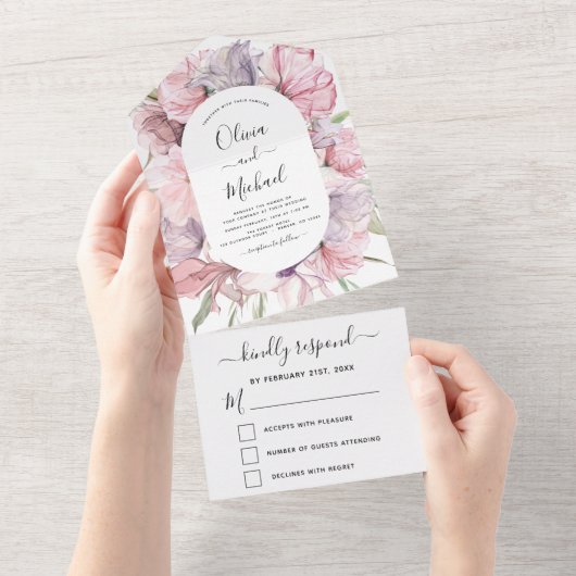 Boho Dusty Pink Lila Wedding RSVP All In One Einladung (Abreißen)