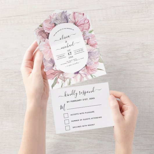 Boho Dusty Pink Lila Wedding RSVP All In One Einladung (Abreißen)
