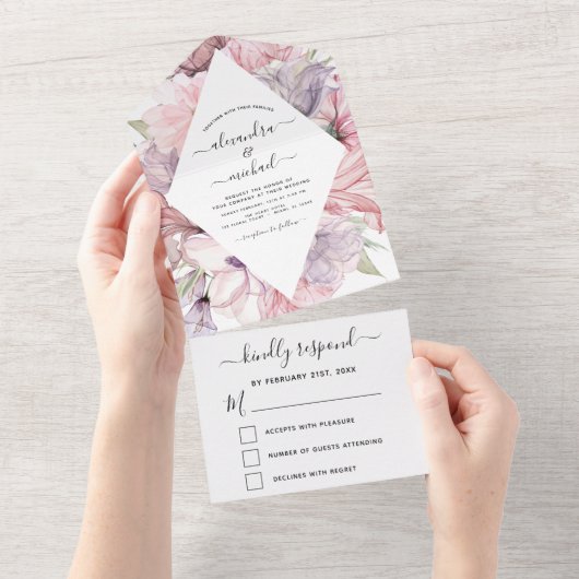 Boho Dusty Pink Lila Wedding RSVP All In One Einladung (Abreißen)