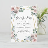 Boho Dusty Pink Roses Blumengrün Hochzeit Save The Date (Stehend Vorderseite)
