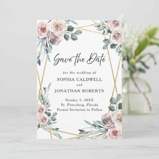 Boho Dusty Pink Roses Blumengrün Hochzeit Save The Date (Stehend Vorderseite)