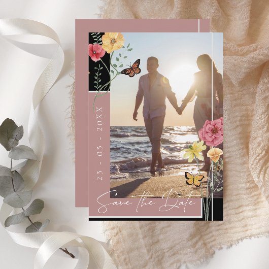 Boho Dusty Pink Wildblumen Foto Save the Date