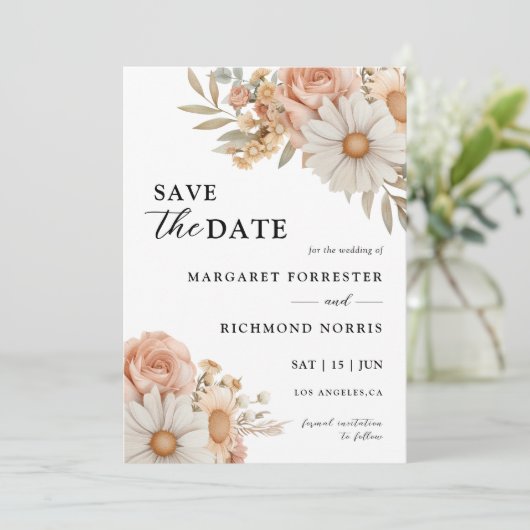 Boho Dusty Rose BlumenWedding speichern das Datum Einladung (Stehend Vorderseite)
