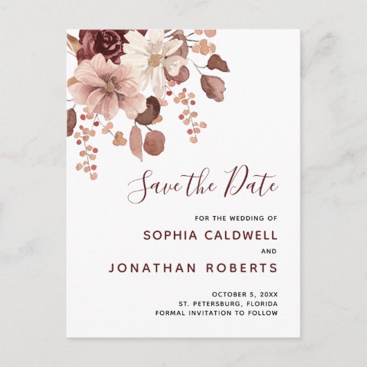 Boho Dusty Rose Eucalyptus Floral Save the Date Ankündigungspostkarte (Vorderseite)