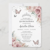 Boho Dusty Rose Floral Pampas Silver Quinceañera Einladung (Vorderseite)
