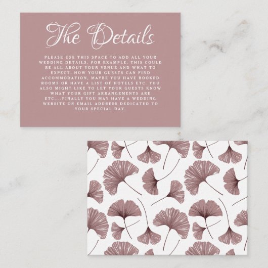 Boho Dusty Rose Ginkgo Angaben zur botanischen Hoc Begleitkarte (Vorne/Hinten)