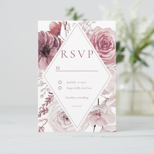 Boho Dusty Rose & Mauve Floral Frame Wedding RSVP Karte (Stehend Vorderseite)