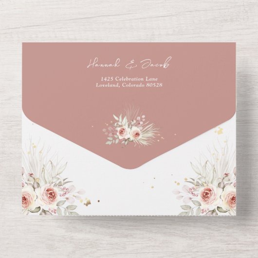 Boho Dusty Rose Rustikales Blumengestein mit UAWG All In One Einladung (Rückseite)