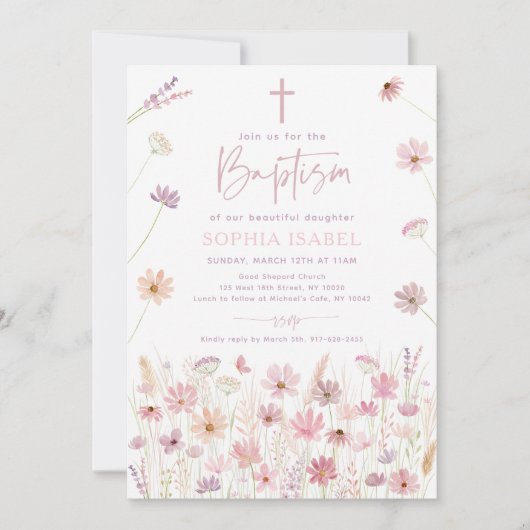 Boho Dusty Rose Wildblumen Taufe Einladung (Vorderseite)