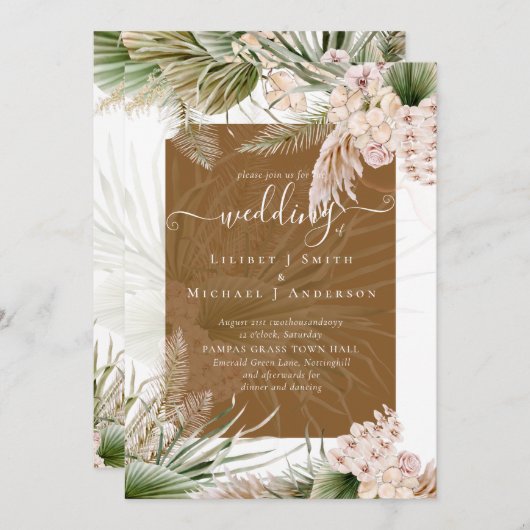 BOHO Earth Color Pampas Grass Wedding Einladung (Vorne/Hinten)