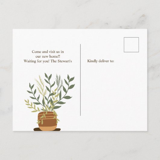 Boho Earth Retro House Pflanze Topf neue Zuhause b Ankündigungspostkarte (Rückseite)