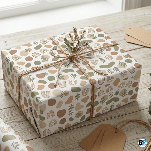 Boho Earth Tone Abstract Shapes & Botanical Rainbo Geschenkpapier