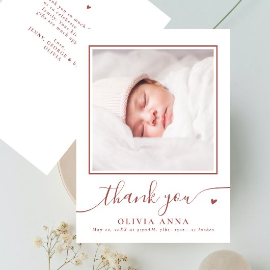 Boho Earthy Elegant Script Baby Shower Foto Dankeskarte