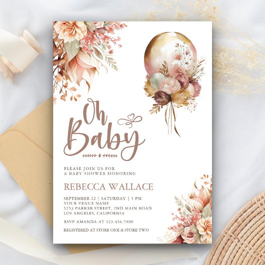 Boho Earthy Floral Balloon Girl Baby Shower Einladung