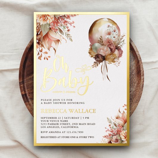 Boho Earthy Floral Balloon Girl Baby Shower Gold Folieneinladung