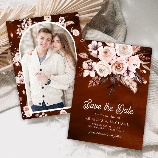 Boho Earthy Floral Foto Terracotta Wedding Save The Date