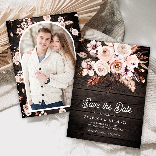 Boho Earthy Floral Foto Wood Wedding Save The Date