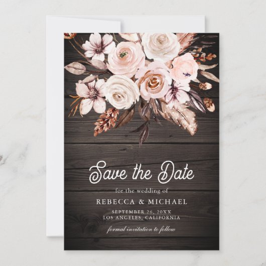Boho Earthy Floral Foto Wood Wedding Save The Date (Vorderseite)