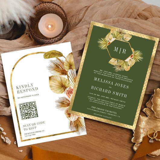 Boho Earthy Floral Olive Green QR Code Wedding Einladung