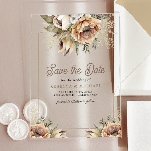 Boho Earthy Floral Taupe Hochzeit speichern das Da Acryleinladungen