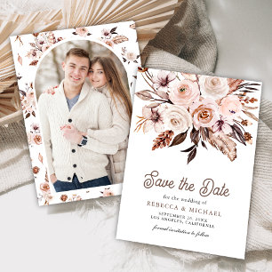 Boho Earthy Ivory Floral Foto Wedding Save The Date