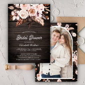 Boho Earthy Ivory Floral Foto Wood Brautparty Einladung