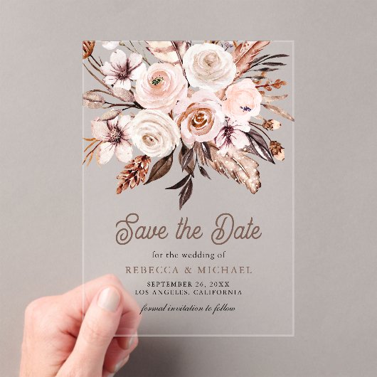 Boho Earthy Ivory Floral Wedding Save the Date Acryleinladungen (Insitu (Handheld))