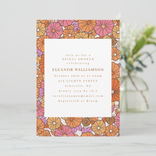 Boho Earthy Ochre Orange Floral Brautparty Einladung (Stehend Vorderseite)