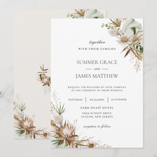 Boho Earthy Protea Dried Palm Rustic Wedding Einladung (Vorne/Hinten)