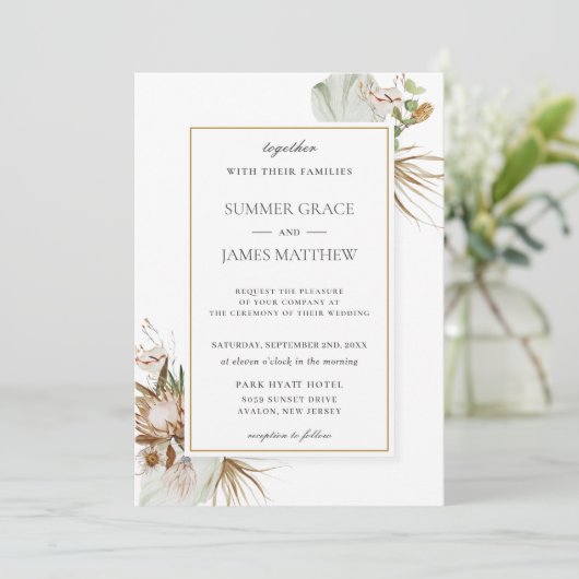 Boho Earthy Protea Palm Rust Brown Rustic Wedding  Einladung (Stehend Vorderseite)