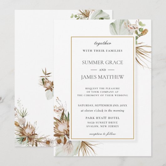 Boho Earthy Protea Palm Rust Brown Rustic Wedding  Einladung (Vorne/Hinten)