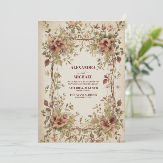 Boho Earthy Shades Clay Floral Wedding Einladung (Stehend Vorderseite)