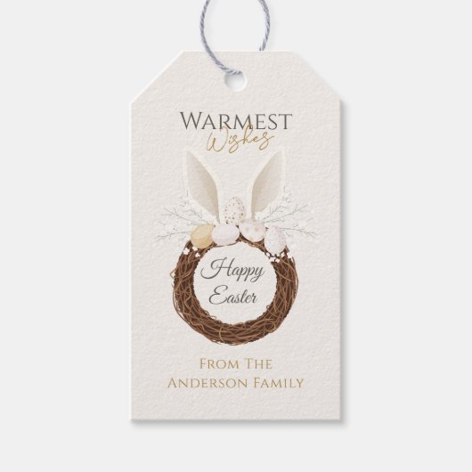 Boho Easter Bunny Nest Wreath Gold Ivory Geschenkanhänger (Vorderseite)