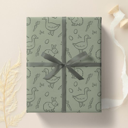 Boho Easter Bunny Rabbit Goose Spring Sage Green Geschenkpapier