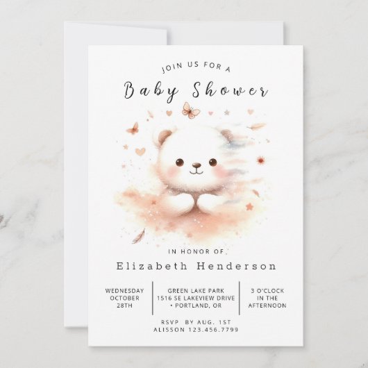 Boho Editable Bear Baby Dusche Einladung (Vorderseite)