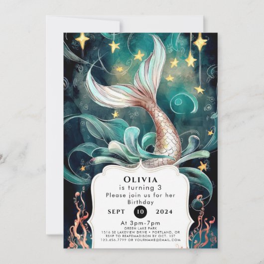 Boho Editable Mermaid Birthday Einladung (Vorderseite)